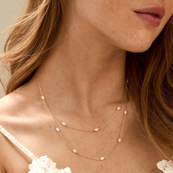 14K Gold Dainty Freshwater Pearl Necklace, Multiple Pearl Necklace, Double Layer Pearl Necklace, Bridal Necklace, Wedding Jewellery, Bridesmaid Gift - Image 3