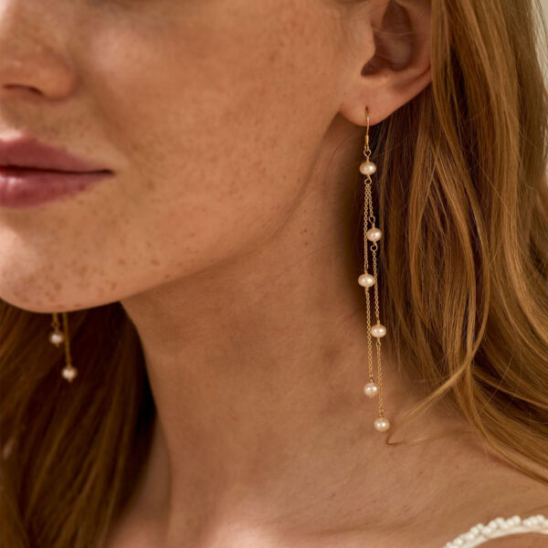 14K Gold Dainty Long Pearl Drop Earrings, Pearl Tassel Earrings, Natural Multiple Pearls Earrings, Bridal Earrings, Wedding Earrings, Bridesmaid Gift - Image 3