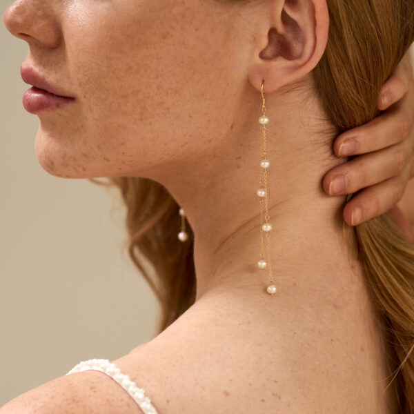 14K Gold Dainty Long Pearl Drop Earrings, Pearl Tassel Earrings, Natural Multiple Pearls Earrings, Bridal Earrings, Wedding Earrings, Bridesmaid Gift - Image 6