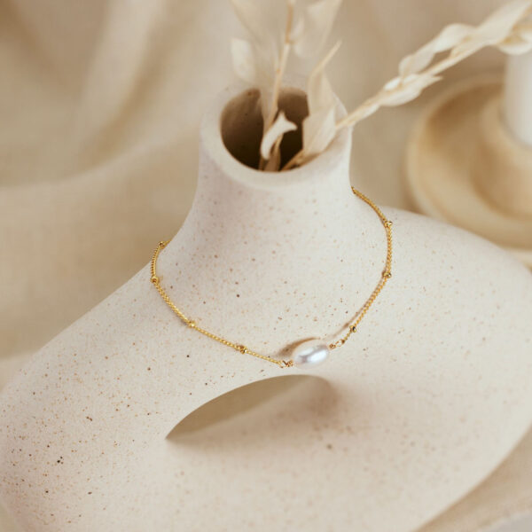 14K Gold Dainty Oval Pearl Bracelet with Satellite Chain, Natural Freshwater Pearl Bracelet, Single Pearl Bracelet, Wedding Bracelet, Bridesmaid Gift - Image 8