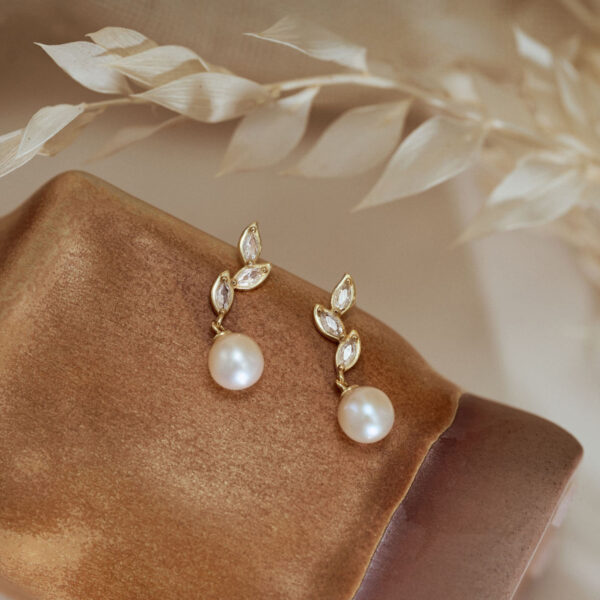 14K Gold Freshwater Pearl Drop Earrings with Diamond, Bridal Earrings, Wedding Earrings, Pearl Jewellery, Bridesmaid Gift, Birthday Gift for Her - Image 10