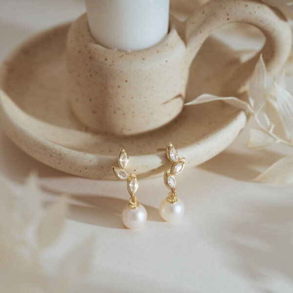 14K Gold Freshwater Pearl Drop Earrings with Diamond, Bridal Earrings, Wedding Earrings, Pearl Jewellery, Bridesmaid Gift, Birthday Gift for Her - Image 9