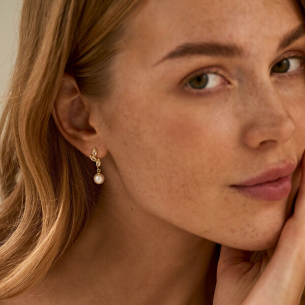 14K Gold Freshwater Pearl Drop Earrings with Diamond, Bridal Earrings, Wedding Earrings, Pearl Jewellery, Bridesmaid Gift, Birthday Gift for Her - Image 2