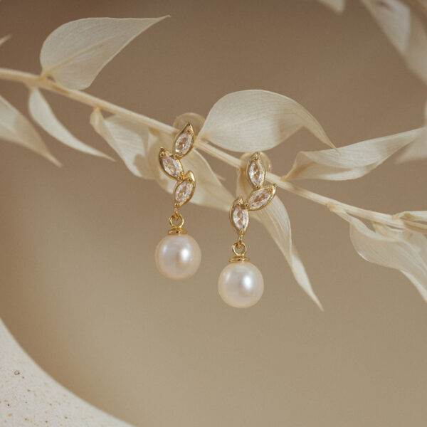 14K Gold Freshwater Pearl Drop Earrings with Diamond, Bridal Earrings, Wedding Earrings, Pearl Jewellery, Bridesmaid Gift, Birthday Gift for Her - Image 7