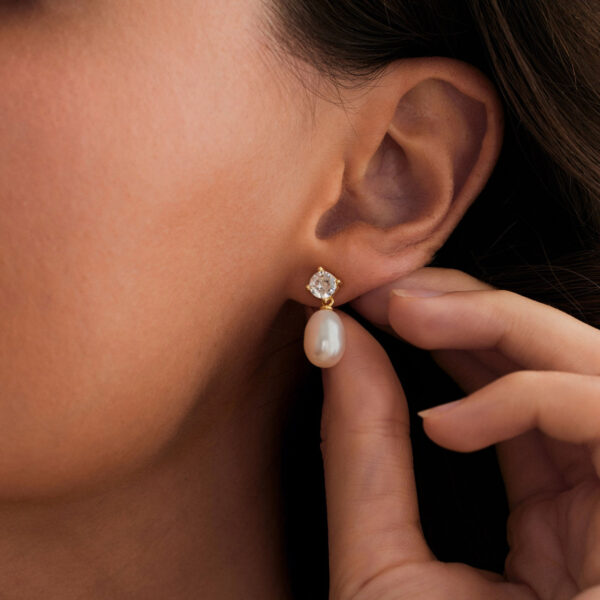 14K Gold Natural Freshwater Pearl Drop Earrings with Diamond, Pearl Stud Earrings, Wedding Earrings, Bridal Jewellery, Bridesmaid Gift, Gift for Her - Image 6
