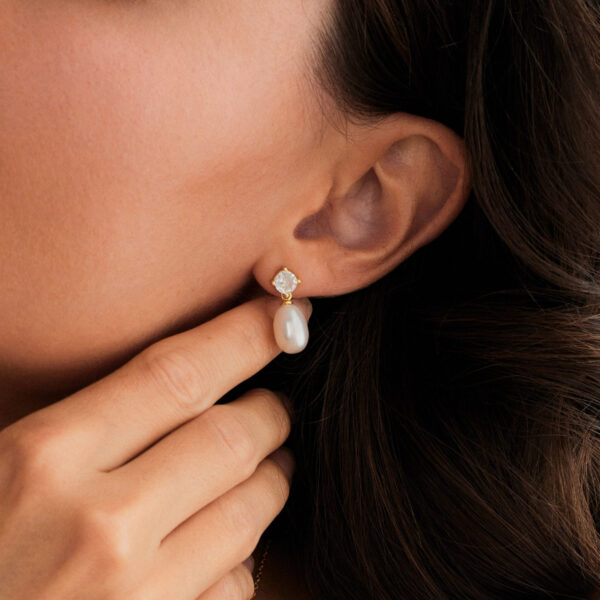 14K Gold Natural Freshwater Pearl Drop Earrings with Diamond, Pearl Stud Earrings, Wedding Earrings, Bridal Jewellery, Bridesmaid Gift, Gift for Her - Image 5
