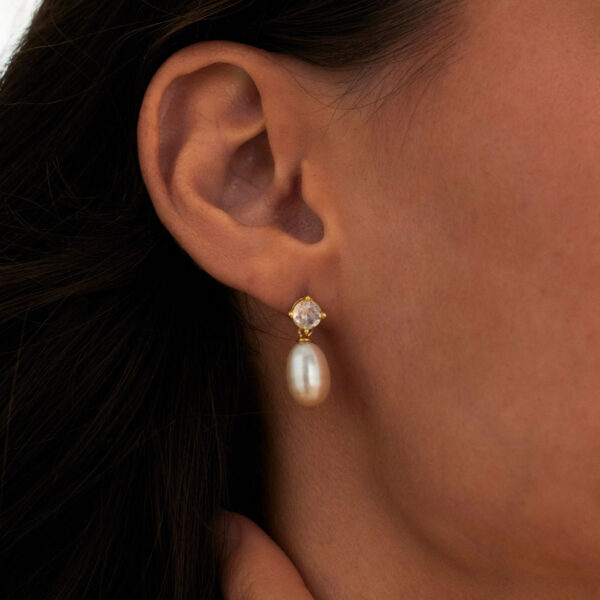 14K Gold Natural Freshwater Pearl Drop Earrings with Diamond, Pearl Stud Earrings, Wedding Earrings, Bridal Jewellery, Bridesmaid Gift, Gift for Her - Image 3