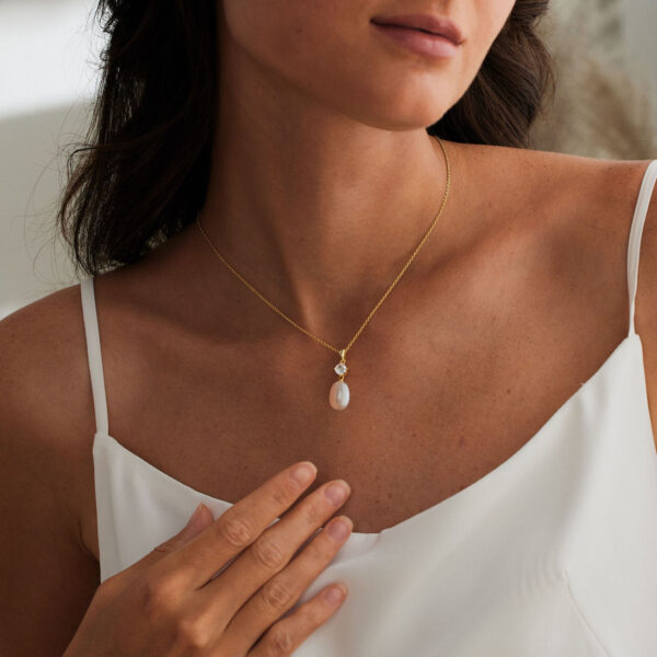 14K Gold Natural Freshwater Pearl Necklace with Diamond, Minimalist Necklace, Bridal Necklace, Wedding Necklace, Pearl Jewellery, Bridesmaid Gift - Image 5