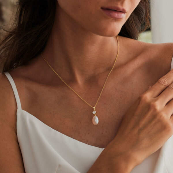 14K Gold Natural Freshwater Pearl Necklace with Diamond, Minimalist Necklace, Bridal Necklace, Wedding Necklace, Pearl Jewellery, Bridesmaid Gift - Image 2
